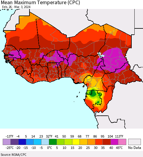 Western Africa Mean Maximum Temperature (CPC) Thematic Map For 2/26/2024 - 3/3/2024