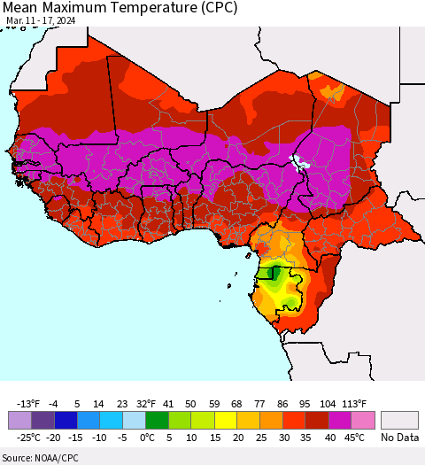 Western Africa Mean Maximum Temperature (CPC) Thematic Map For 3/11/2024 - 3/17/2024