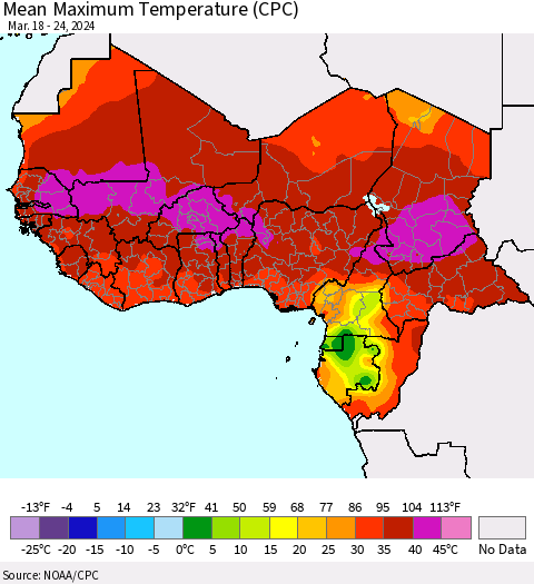 Western Africa Mean Maximum Temperature (CPC) Thematic Map For 3/18/2024 - 3/24/2024