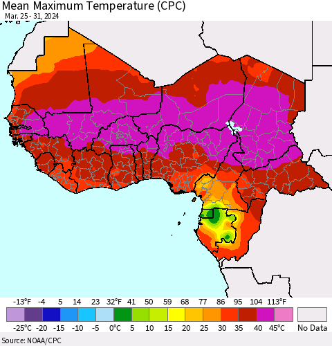 Western Africa Mean Maximum Temperature (CPC) Thematic Map For 3/25/2024 - 3/31/2024