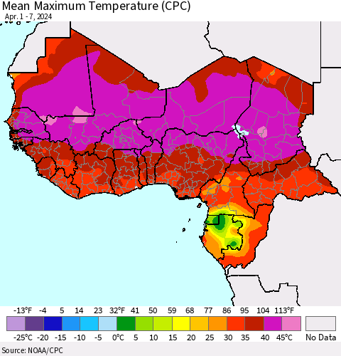 Western Africa Mean Maximum Temperature (CPC) Thematic Map For 4/1/2024 - 4/7/2024