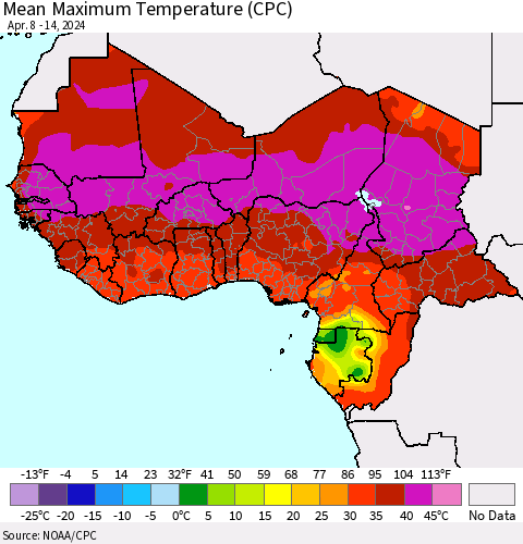 Western Africa Mean Maximum Temperature (CPC) Thematic Map For 4/8/2024 - 4/14/2024