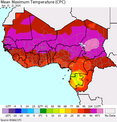 Western Africa Mean Maximum Temperature (CPC) Thematic Map For 4/15/2024 - 4/21/2024