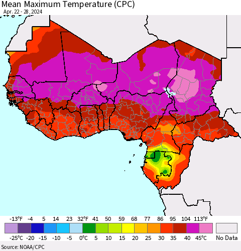 Western Africa Mean Maximum Temperature (CPC) Thematic Map For 4/22/2024 - 4/28/2024