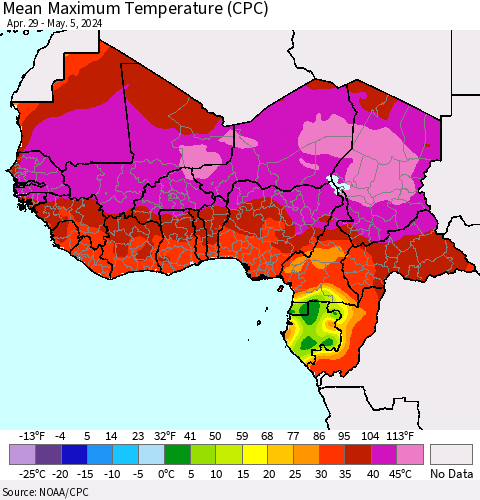 Western Africa Mean Maximum Temperature (CPC) Thematic Map For 4/29/2024 - 5/5/2024