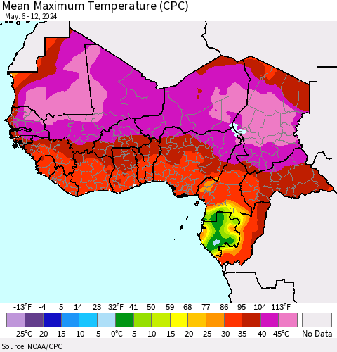 Western Africa Mean Maximum Temperature (CPC) Thematic Map For 5/6/2024 - 5/12/2024