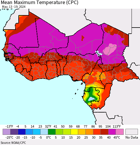 Western Africa Mean Maximum Temperature (CPC) Thematic Map For 5/13/2024 - 5/19/2024