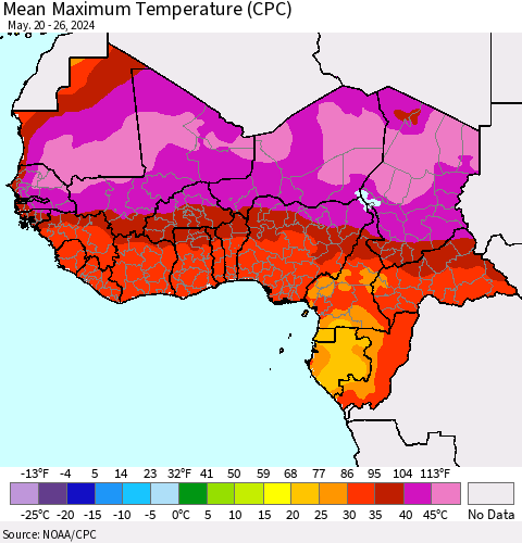 Western Africa Mean Maximum Temperature (CPC) Thematic Map For 5/20/2024 - 5/26/2024