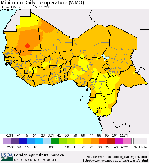 Western Africa Minimum Daily Temperature (WMO) Thematic Map For 7/5/2021 - 7/11/2021