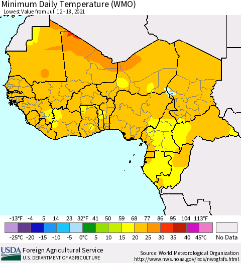 Western Africa Minimum Daily Temperature (WMO) Thematic Map For 7/12/2021 - 7/18/2021
