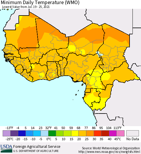 Western Africa Minimum Daily Temperature (WMO) Thematic Map For 7/19/2021 - 7/25/2021