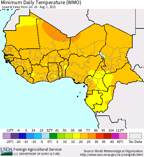Western Africa Minimum Daily Temperature (WMO) Thematic Map For 7/26/2021 - 8/1/2021