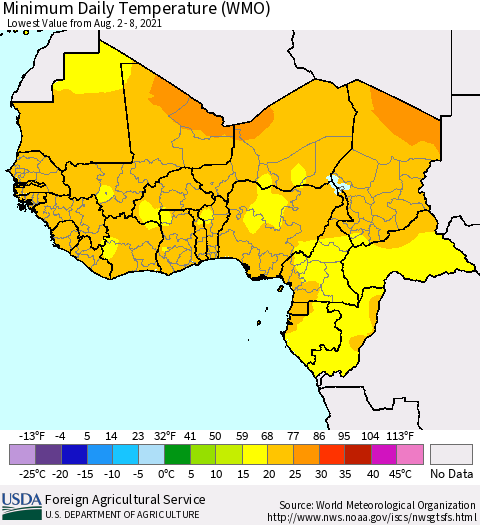 Western Africa Minimum Daily Temperature (WMO) Thematic Map For 8/2/2021 - 8/8/2021