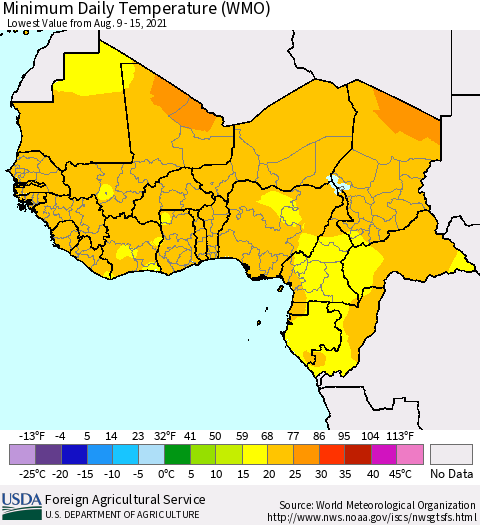 Western Africa Minimum Daily Temperature (WMO) Thematic Map For 8/9/2021 - 8/15/2021