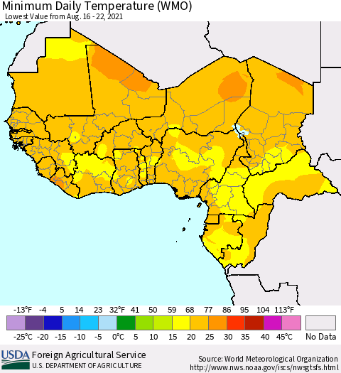Western Africa Minimum Daily Temperature (WMO) Thematic Map For 8/16/2021 - 8/22/2021