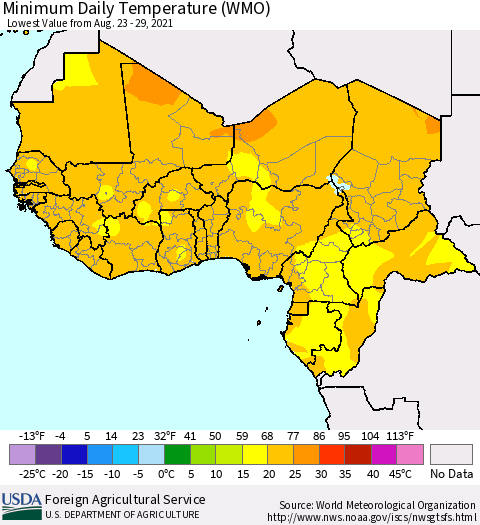 Western Africa Minimum Daily Temperature (WMO) Thematic Map For 8/23/2021 - 8/29/2021