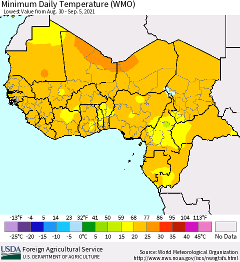 Western Africa Minimum Daily Temperature (WMO) Thematic Map For 8/30/2021 - 9/5/2021