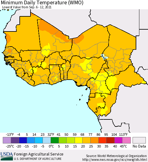 Western Africa Minimum Daily Temperature (WMO) Thematic Map For 9/6/2021 - 9/12/2021