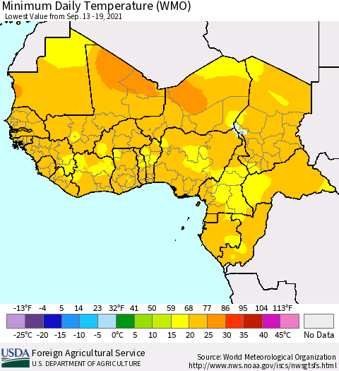 Western Africa Minimum Daily Temperature (WMO) Thematic Map For 9/13/2021 - 9/19/2021