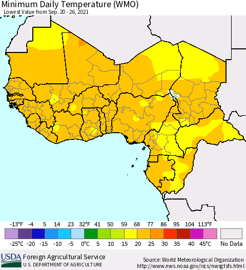 Western Africa Minimum Daily Temperature (WMO) Thematic Map For 9/20/2021 - 9/26/2021
