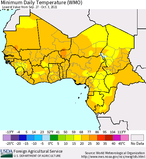 Western Africa Minimum Daily Temperature (WMO) Thematic Map For 9/27/2021 - 10/3/2021