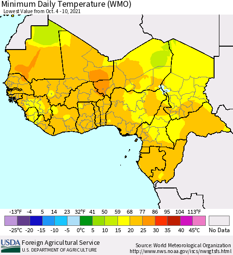 Western Africa Minimum Daily Temperature (WMO) Thematic Map For 10/4/2021 - 10/10/2021
