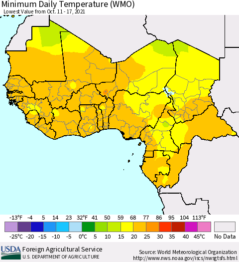 Western Africa Minimum Daily Temperature (WMO) Thematic Map For 10/11/2021 - 10/17/2021