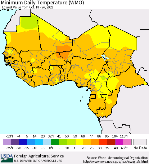 Western Africa Minimum Daily Temperature (WMO) Thematic Map For 10/18/2021 - 10/24/2021