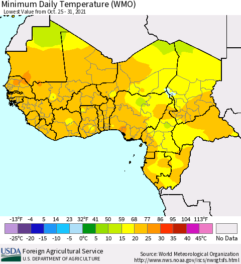 Western Africa Minimum Daily Temperature (WMO) Thematic Map For 10/25/2021 - 10/31/2021
