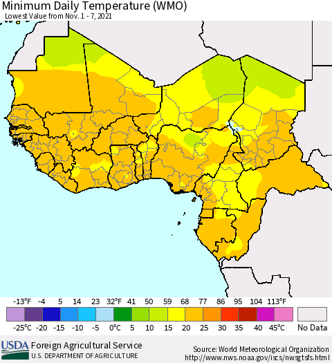 Western Africa Minimum Daily Temperature (WMO) Thematic Map For 11/1/2021 - 11/7/2021