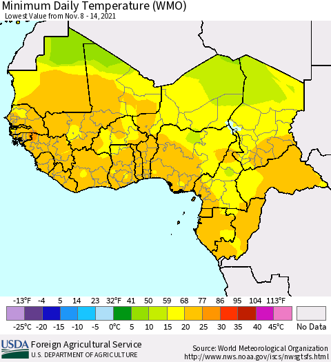 Western Africa Minimum Daily Temperature (WMO) Thematic Map For 11/8/2021 - 11/14/2021