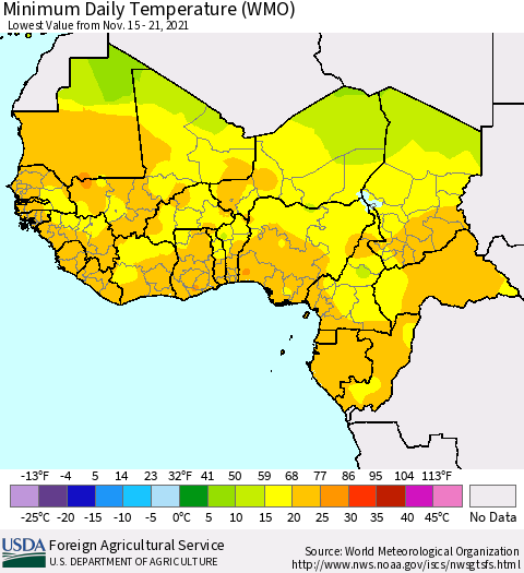 Western Africa Minimum Daily Temperature (WMO) Thematic Map For 11/15/2021 - 11/21/2021