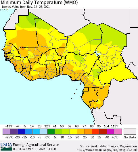 Western Africa Minimum Daily Temperature (WMO) Thematic Map For 11/22/2021 - 11/28/2021
