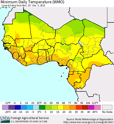 Western Africa Minimum Daily Temperature (WMO) Thematic Map For 11/29/2021 - 12/5/2021