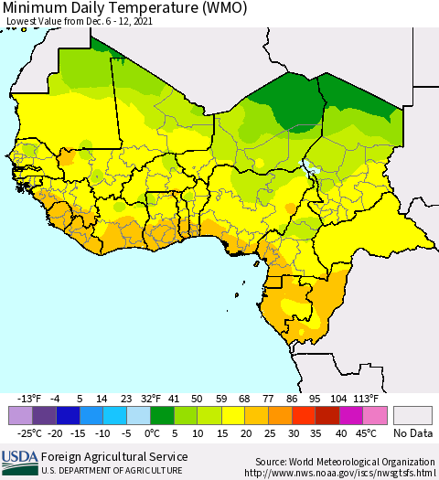 Western Africa Minimum Daily Temperature (WMO) Thematic Map For 12/6/2021 - 12/12/2021