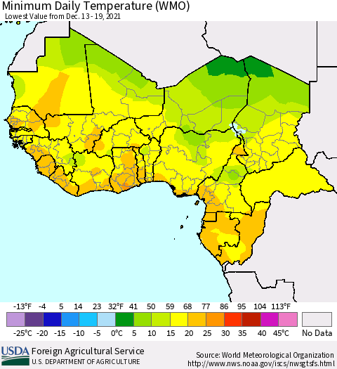 Western Africa Minimum Daily Temperature (WMO) Thematic Map For 12/13/2021 - 12/19/2021