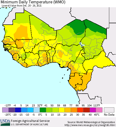 Western Africa Minimum Daily Temperature (WMO) Thematic Map For 12/20/2021 - 12/26/2021