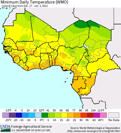 Western Africa Minimum Daily Temperature (WMO) Thematic Map For 12/27/2021 - 1/2/2022
