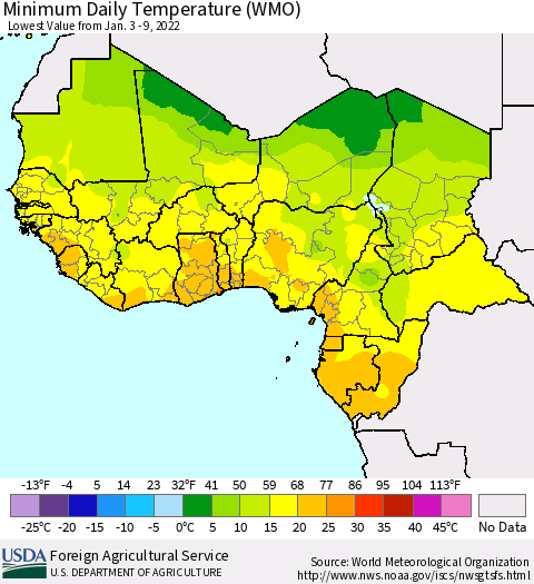 Western Africa Minimum Daily Temperature (WMO) Thematic Map For 1/3/2022 - 1/9/2022