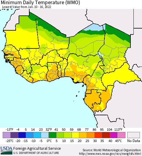 Western Africa Minimum Daily Temperature (WMO) Thematic Map For 1/10/2022 - 1/16/2022