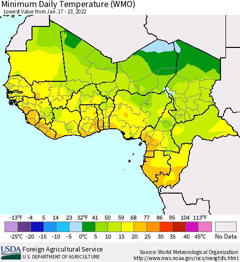Western Africa Minimum Daily Temperature (WMO) Thematic Map For 1/17/2022 - 1/23/2022