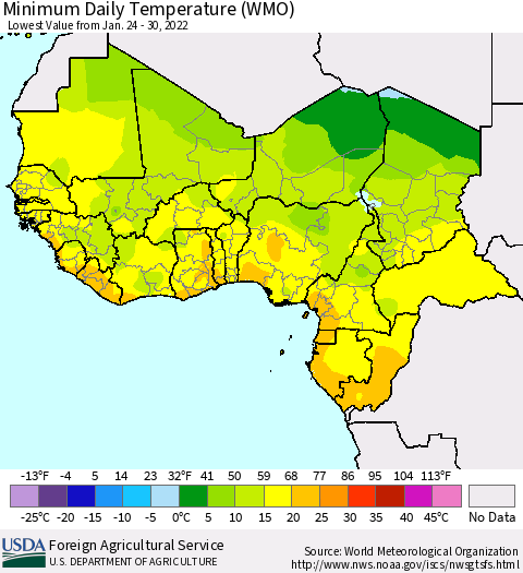 Western Africa Minimum Daily Temperature (WMO) Thematic Map For 1/24/2022 - 1/30/2022