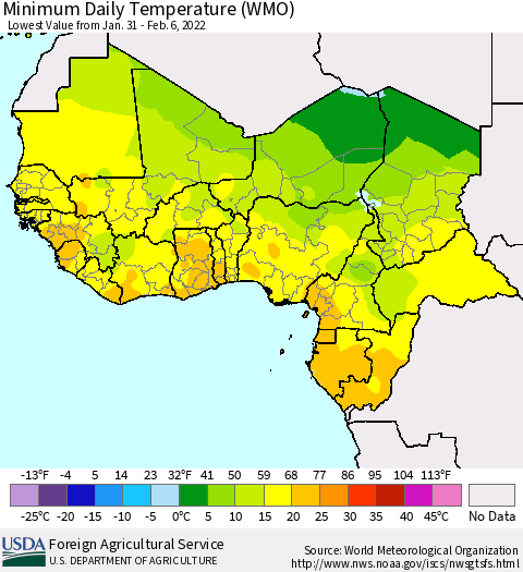 Western Africa Minimum Daily Temperature (WMO) Thematic Map For 1/31/2022 - 2/6/2022
