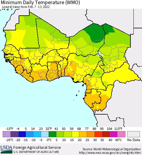 Western Africa Minimum Daily Temperature (WMO) Thematic Map For 2/7/2022 - 2/13/2022