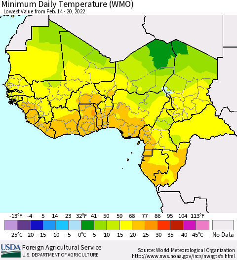 Western Africa Minimum Daily Temperature (WMO) Thematic Map For 2/14/2022 - 2/20/2022