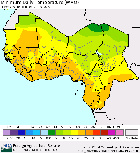 Western Africa Minimum Daily Temperature (WMO) Thematic Map For 2/21/2022 - 2/27/2022