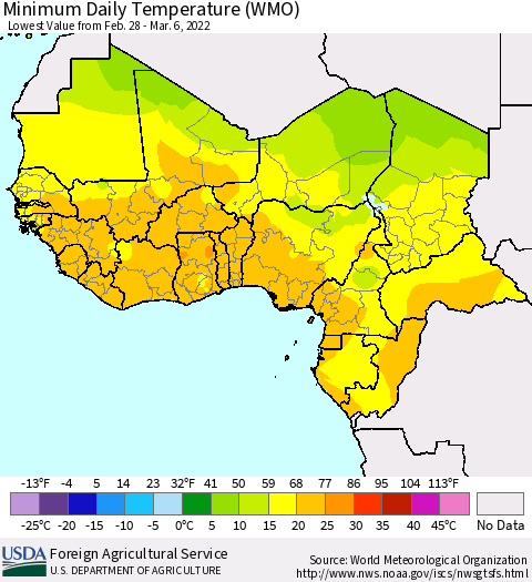 Western Africa Minimum Daily Temperature (WMO) Thematic Map For 2/28/2022 - 3/6/2022