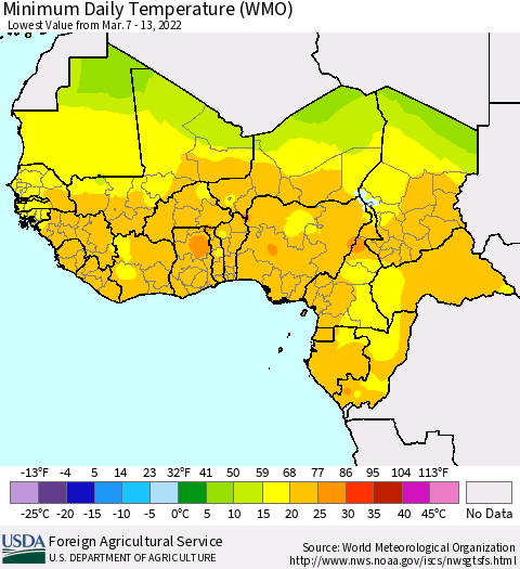 Western Africa Minimum Daily Temperature (WMO) Thematic Map For 3/7/2022 - 3/13/2022