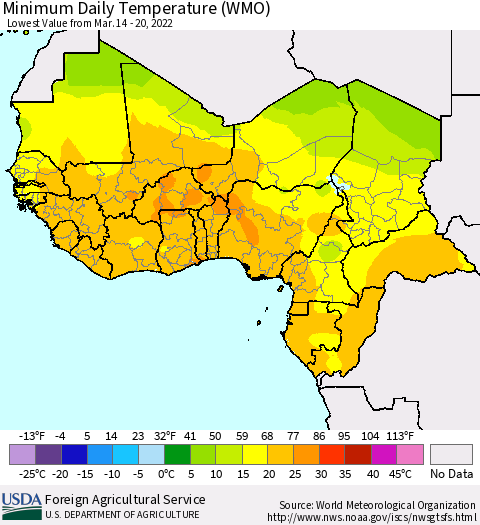 Western Africa Minimum Daily Temperature (WMO) Thematic Map For 3/14/2022 - 3/20/2022