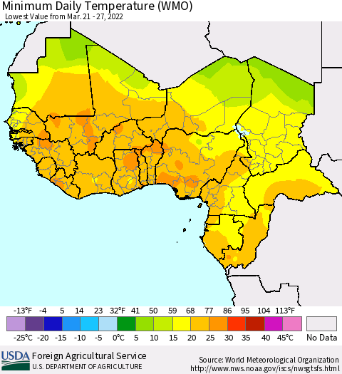 Western Africa Minimum Daily Temperature (WMO) Thematic Map For 3/21/2022 - 3/27/2022